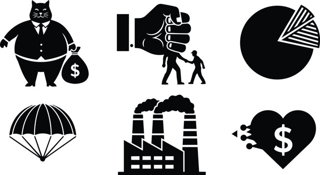 Flat design silhouette showing corporate cat with money bag and giant hand grabbing people beside pie chart parachute factory and heart with money symbol economic inequality