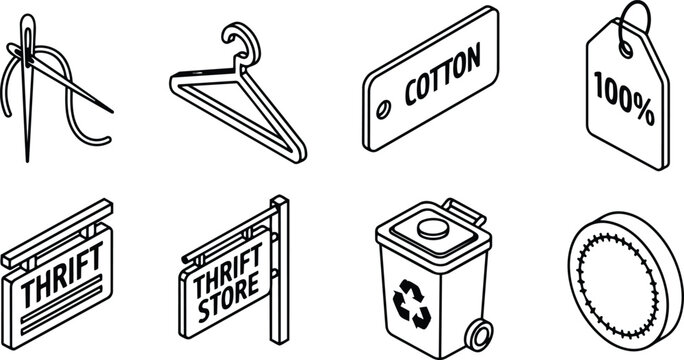 Isometric line art clothing care icon set showing needle and thread hanger cotton label one hundred percent tag thrift store signs recycling bin button close up