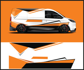 Modern van design with geometric orange and black accents © Vector Result