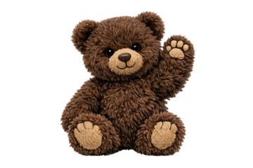 Obraz premium Brown teddy bear plush toy waving hello, symbolizing childhood, innocence, friendship, and comfort on transparent background