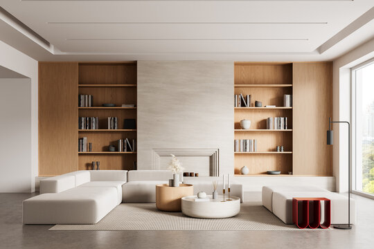 Modern minimalist living room interior with light modular sofa, wooden shelves, and neutral tones in contemporary home design concept setting. 3D Rendering
