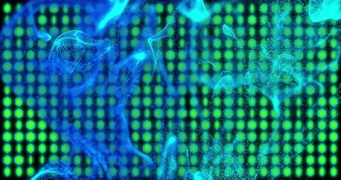 After pause, cyan ribbon entering, splitting, expanding across green dot grid visualizing density