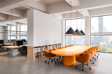Modern office interior with orange meeting table and city view through large windows in bright open space background. 3D Rendering © ImageFlow