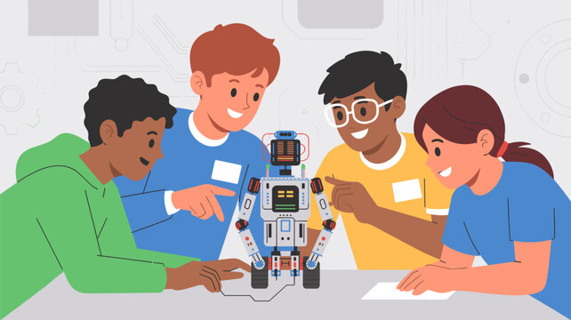 diverse group of students collaborating on a robotics project vector illustration - Powered by Adobe