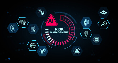 AI risk management concept with futuristic interface and digital icons surrounding a central warning symbol and progress indicator on dark background. 3D Rendering