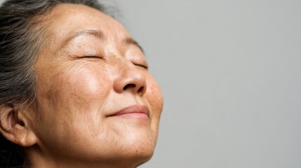 Obraz premium Joyful senior woman embracing tranquility with closed eyes, serene expression, and radiant glow, reflecting inner peace and contentment in natural light