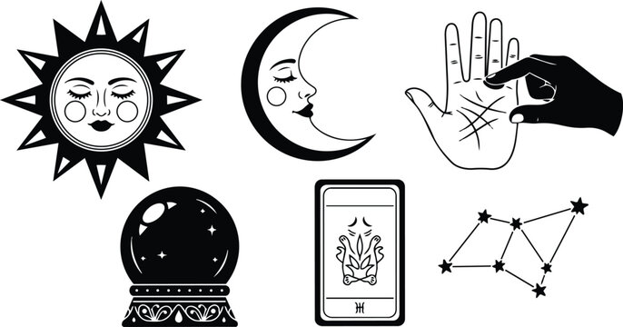 Line art occult icon set with sun face moon profile palmistry hand tarot card crystal ball and constellation symbols arranged on white background minimal black vector