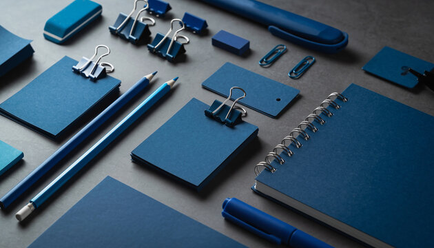 Sophisticated blue office stationery and branding essentials artfully arranged for a cohesive corporate identity and productive workspace display