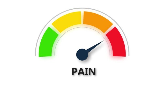 Pain medium, text level concept with barometer or tachometer meter on black background. Suitable for moderate discomfort, average symptoms, and intermediate health distress