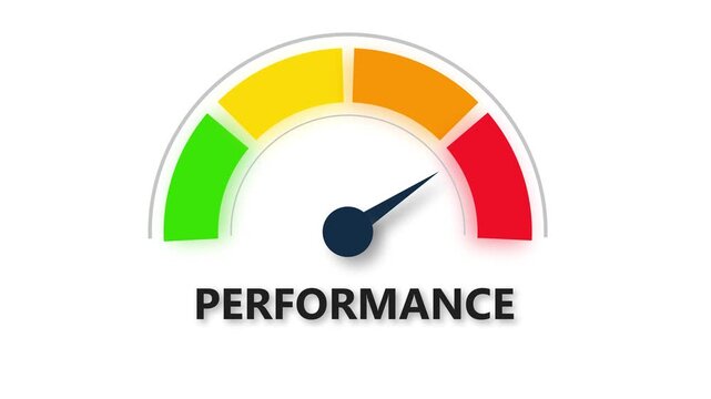 Performance low, text level concept with barometer or tachometer meter on black background. Suitable for weak results, poor efficiency, and minimal achievement
