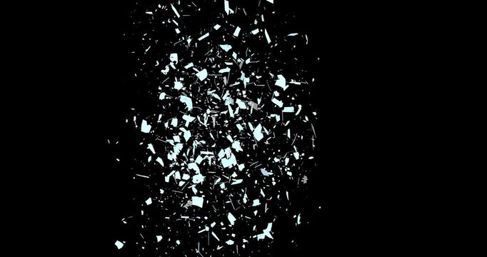 Flying cartoon shattered glass fragments in slow motion footage with alpha channel (ProRes, 4K only). 3D FX animation.

