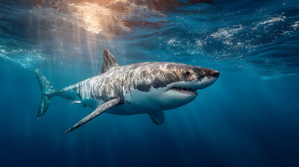 Fototapeta premium Sunlight dancing on the back of a powerful great white shark in the abyss.