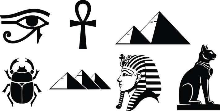 Flat design collection of egyptian symbols eye of horus ankh scarab pharaoh bust pyramids and sitting cat in black silhouette side view minimalist isolated vector icons
