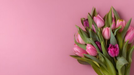 Obraz premium Colorful Spring Tulip Bouquet on Pink Background. Spring, Mothers Day, Birthday, or Valentines Day Greeting Card Concept. Colorful tulip bouquet wrapped on pink background.
