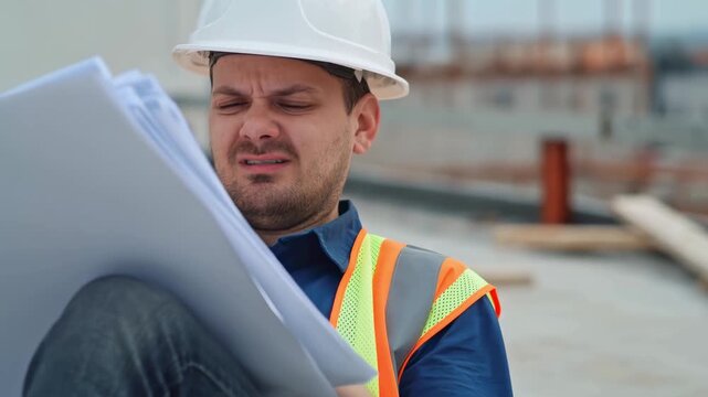 Manager in orange vest studies technical drawings on construction site with thoughtful look, site manager focus embodies responsibility knowledge and control site manager focus drives project success.