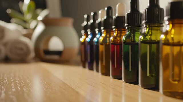 Collection of colorful essential oil bottles lined up on a wooden surface with diffuser and towels