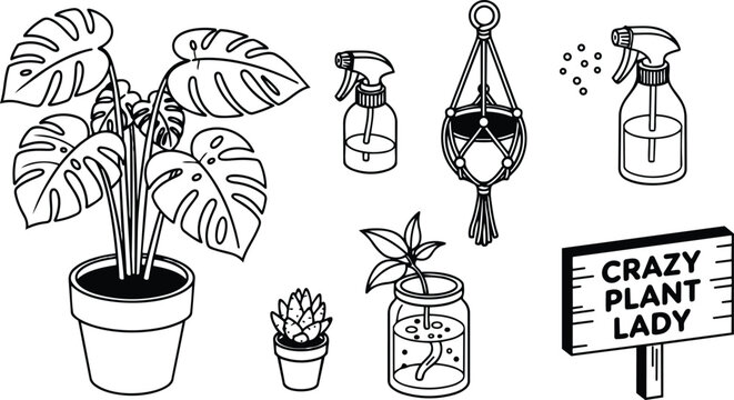 Line art vector set of potted monstera and succulent propagation jar macrame hanger spray bottle small potted plant and crazy plant lady sign clean outline illustration