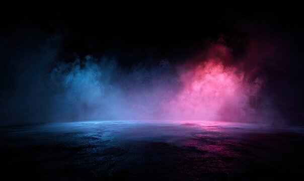 Smoky scene with a ground lit by blue and pink hues, against a dark background