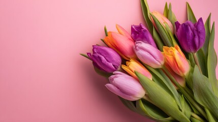 Fototapeta premium Colorful Spring Tulip Bouquet on Pink Background. Spring, Mothers Day, Birthday, or Valentines Day Greeting Card Concept. Colorful tulip bouquet wrapped on pink background.