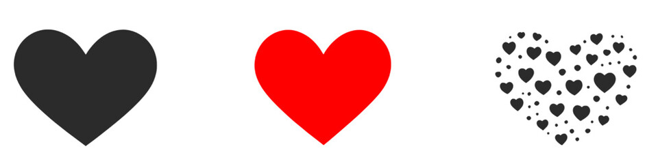 Heart icons in black red and decorative small heart pattern styles arranged in a horizontal set isolated on white background in clean vector design.