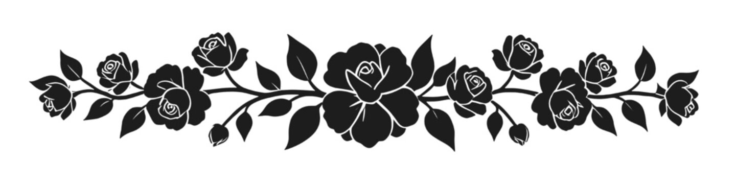 Elegant black rose floral border divider ornament for wedding design