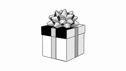 A black and silver gift box with a decorative bow on top