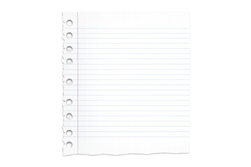 Torn notebook paper sheet with holes and ruled lines creating a clear background template for school notes