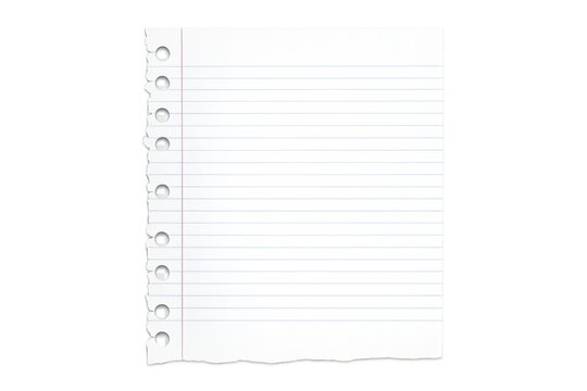 Torn notebook paper sheet with holes and ruled lines creating a clear background template for school notes
