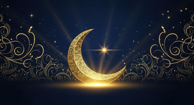 Golden ornamental crescent moon with star and intricate floral patterns on dark blue background with glowing light rays for ramadan kareem and eid mubarak celebration