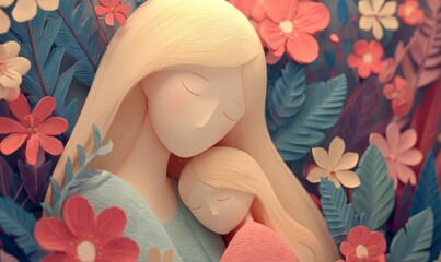 Tender Embrace Between Mother and Child Surrounded by Colorful Floral Design