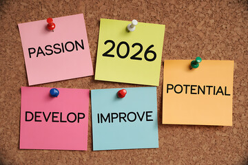 Strategic Planning for 2026: Passion, Potential, Develop, Improve Noted on Vibrant Sticky Notes on a Textured Corkboard.