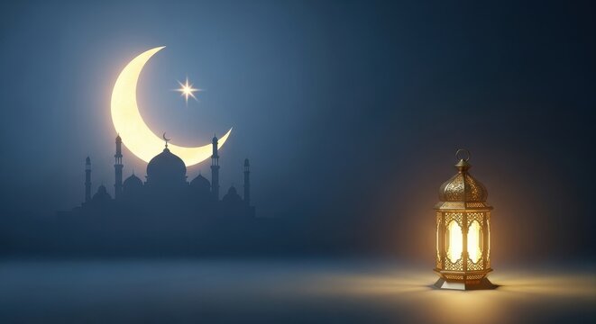 Islamic landscape with mosque silhouette and glowing crescent moon at night featuring traditional lantern in foreground for ramadan kareem celebration and religious art