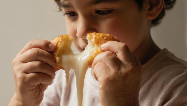 Young boy enjoying a delicious cheesy snack with melted cheese stretching out.