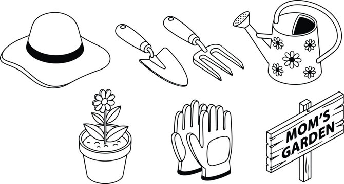Line art garden icon set showing wide brim hat small trowel hand fork watering can potted flower gardening gloves moms garden sign top view black outline