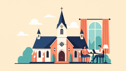 Fototapeta premium A digital illustration of a church with two people working indoors