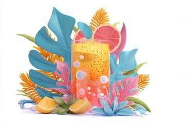 Colorful Tropical Drink Surrounded by Exotic Leaves and Fresh Fruits