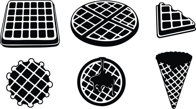 Flat design waffle and cone icon set showing square round and triangular pieces syrup drip on round waffle and waffle cone in bold silhouette top view