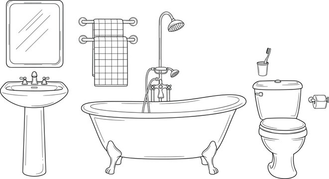 Bathroom interior outline illustration set with bathtub sink toilet mirror towel rack and shower fixtures