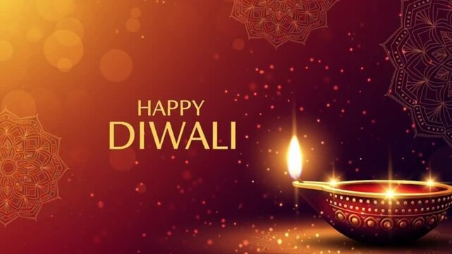 A vibrant Diwali celebration with lit diyas in a decorative bowl, surrounded by festive lights and intricate designs on a dark background, Proyek Baru reference