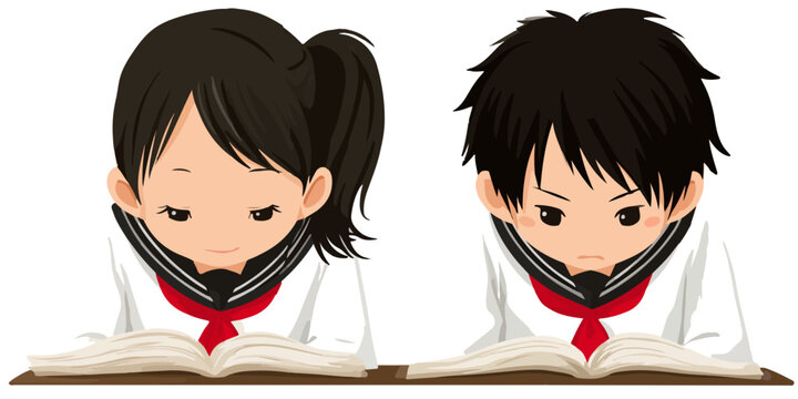 Uczniowie w mundurkach szkolnych skupieni na czytaniu otwartej książki na przezroczystym tle.