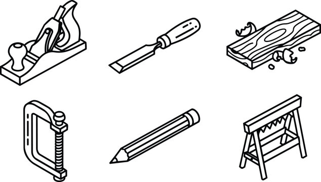 Isometric line art close up woodworking tools set plane chisel clamp pencil sawhorse wood plank shavings top view clean outline illustration black and white technical diagram