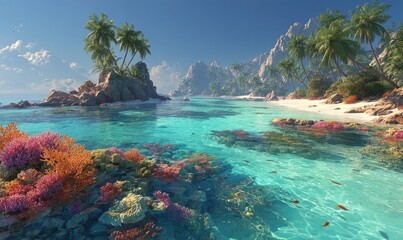 Serene Tropical Paradise with Clear Water, Colorful Coral, and Lush Palm Trees