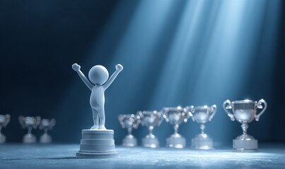 Celebrating Achievement with Trophy and Victory Pose in Dramatic Lighting