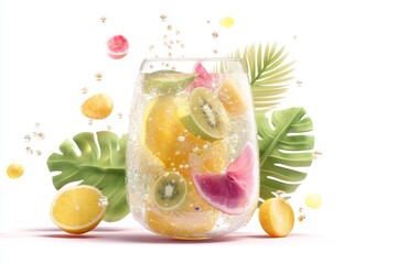 Refreshing Citrus Beverage with Tropical Fruit and Bubbles in Clear Glass
