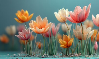 Colorful Tulips Blooming in a Serene Pastel Setting with Delicate Green Grass