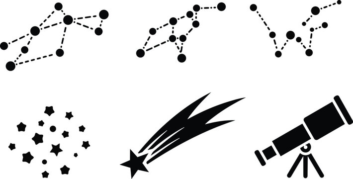 Flat design top view constellation icons dotted lines star cluster comet shooting star and telescope vector set simple monochrome astronomy symbols connected dots round nodes scalable