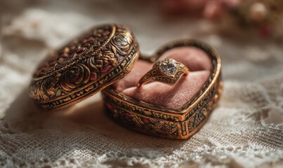 Vintage Heart-Shaped Jewelry Box with Ring on Lace Fabric Background