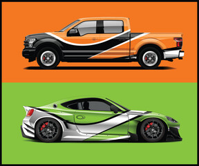 Stylized orange and green sports cars displayed prominently