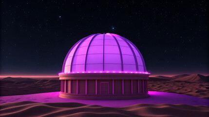 Fototapeta premium Futuristic observatory dome glowing neon purple in desert landscape