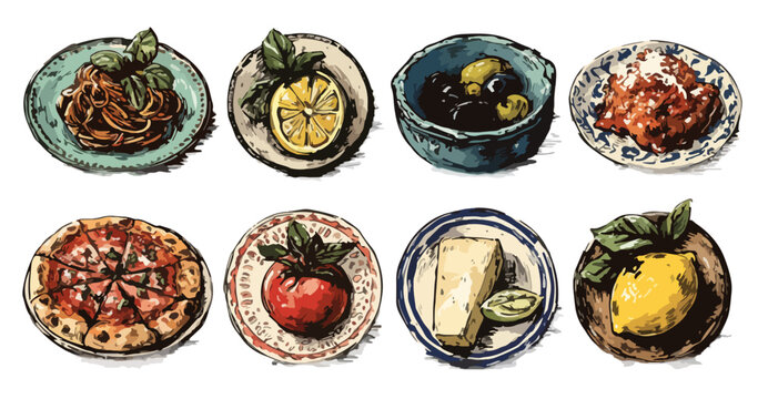 Zestaw ręcznie rysowanych, przezroczystych ikon włoskich potraw i składnik&oacute;w, idealny do menu.
